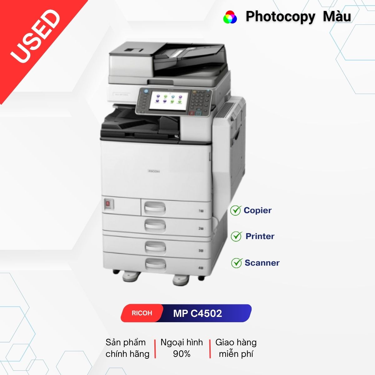 Chuyên Mua Bán, Cho Thuê Máy Photocopy. (Copy - in mạng) màu: 45 trang/phút Scan màu: 81 trang/phút Copy - in - scan: 02 mặt tự động Chia bộ điện tử: Tích hợp sẵn Khổ giấy sử dụng: A6 - A3 Photocopy Ricoh MP C4502 (BH: 24 tháng)