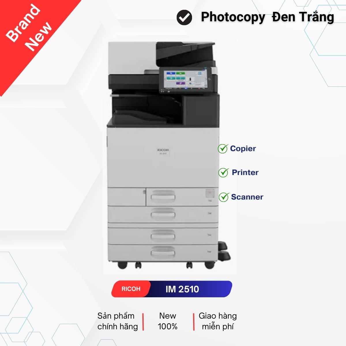 Chuyên Mua Bán, Cho Thuê Máy Photocopy. Copy - in mạng: 25 trang/phút Scan màu: 150 trang/phút Copy - in - scan: 02 mặt tự động Chia bộ điện tử: Tích hợp sẵn Khổ giấy sử dụng: A6 - A3 Máy Photocopy Ricoh IM 2510