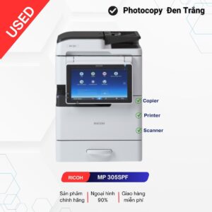 Ricoh MP 305 (thường là dòng Ricoh MP 305+ SPF) là dòng máy photocopy đa chức năng trắng đen để bàn vô cùng nhỏ gọn. Dù có kích thước chỉ tương đương dòng máy A4, thiết bị này cực kỳ linh hoạt nhờ khả năng sao chụp, in ấn và quét khổ A3, đáp ứng hoàn hảo cho các văn phòng có không gian hạn chế