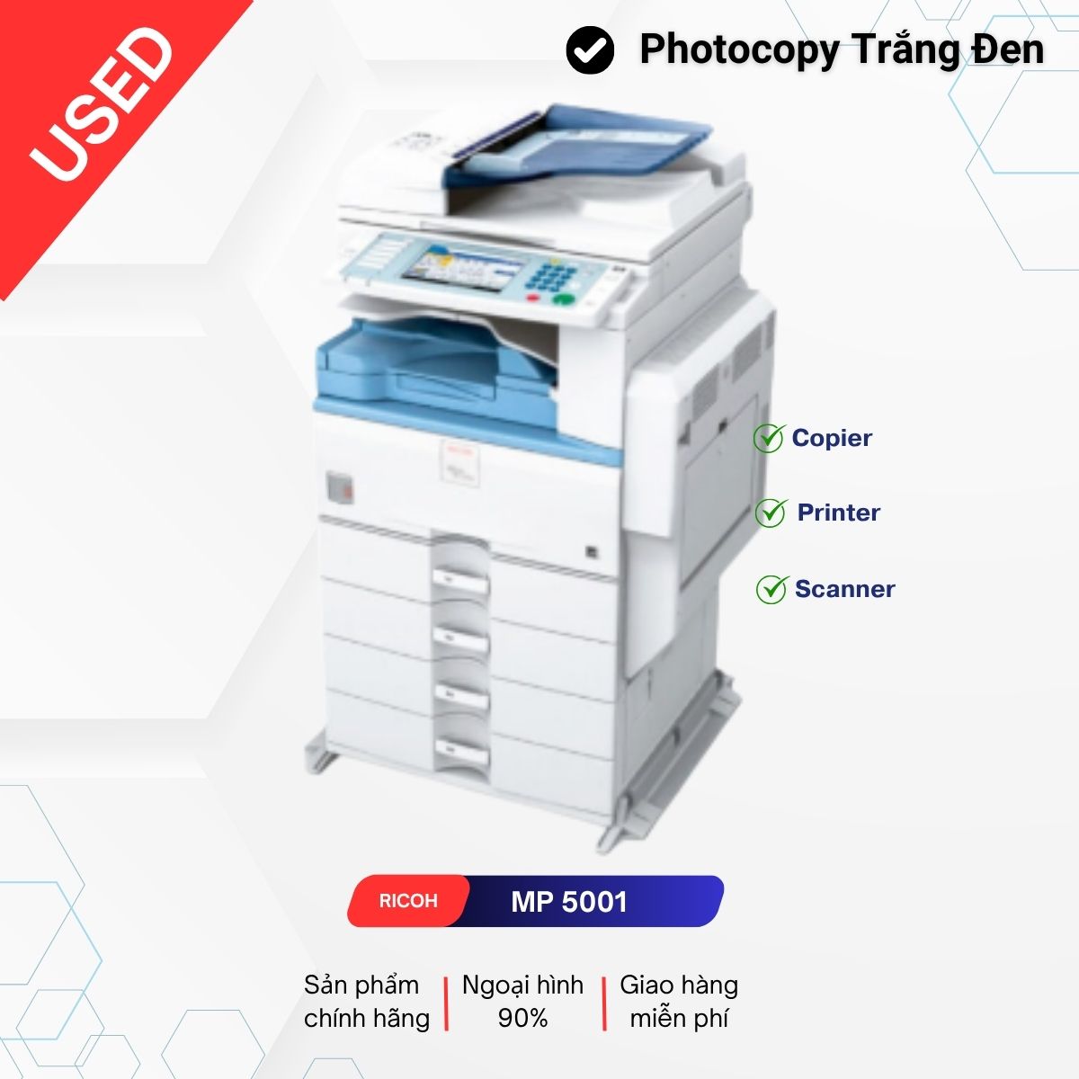 Chuyên Mua Bán, Cho Thuê Máy Photocopy. Copy - in mạng: 50 trang/phút Scan màu: 33 trang/phút Copy - in - scan: 02 mặt tự động Chia bộ điện tử: Tích hợp sẵn Khổ giấy sử dụng: A6 - A3 Máy Photocopy Ricoh Aficio MP 5001 là máy đã qua sử dụng từ các nước tiên tiến trên giới và vừa hết hạn bảo hành, máy còn mới từ 90% – 95%.