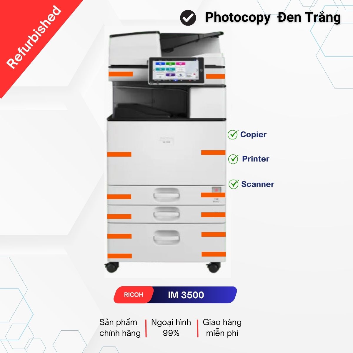 Chuyên Mua Bán, Cho Thuê Máy Photocopy. Copy - in mạng: 35 trang/phút Scan màu: 120 trang/phút Copy - in - scan: 02 mặt tự động Chia bộ điện tử: Tích hợp sẵn Khổ giấy sử dụng: A6 - A3 IM 3500 MFP Trắng Đen Ricoh, Tăng Hiệu Quả Làm Việc Nhờ Vào Việc Cải Tiến Tính Năng Quét Tốc Độ Cao. Thiết Bị Ricoh Không Chỉ Được Tự Động Cập Nhật, Mà Còn Kèm Các Chức Năng Thông Minh Khác. Chất Lượng In Tuyệt Mỹ. Màu Sắc In Trung Thực. Yêu Cầu Báo Giá. Đa Chức Năng Tùy Chọn.