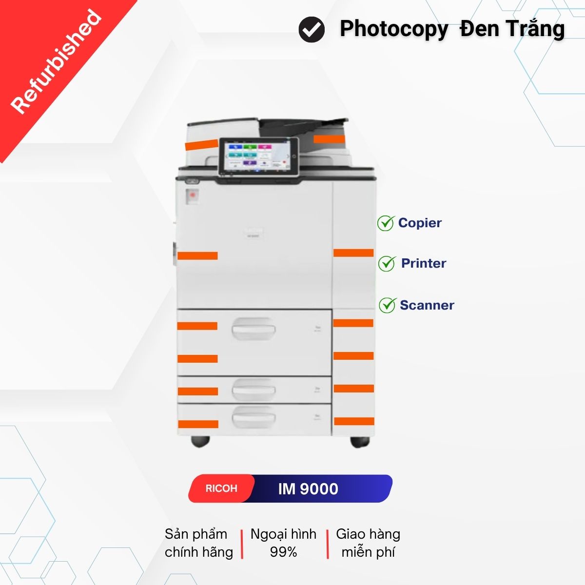 Chuyên Mua Bán, Cho Thuê Máy Photocopy. Copy - in mạng: 90 trang/phút Scan màu: 240 trang/phút Copy - in - scan: 02 mặt tự động Chia bộ điện tử: Tích hợp sẵn Khổ giấy sử dụng: A6 - A3 Máy photocopy tân trang, còn gọi là máy photo refurbished, là dòng máy photo đã được sử dụng để trưng bày ở các cửa hàng, showroom.